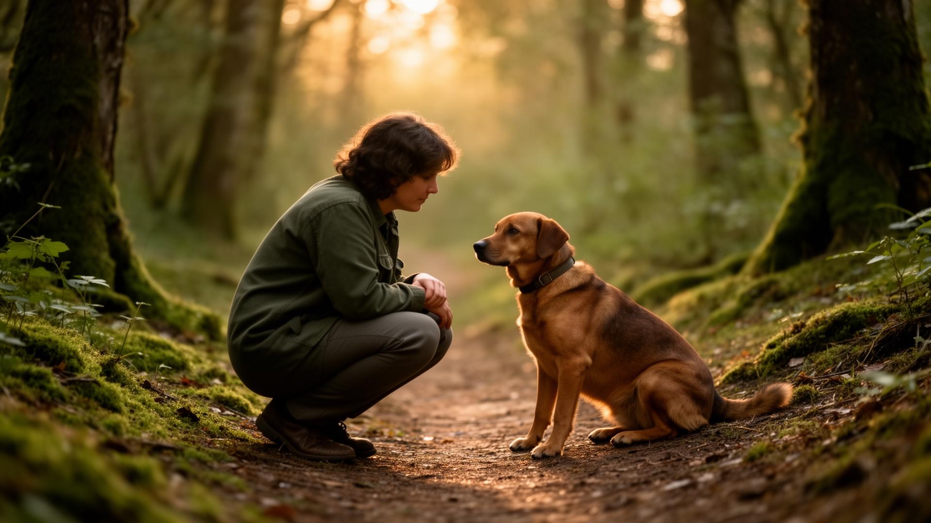 Persona acompañando con calma a un perro en un bosque