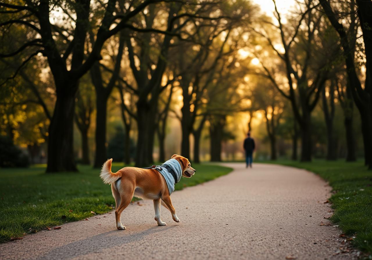 Perro paseando con su familia en un parque de Madrid al atardecer